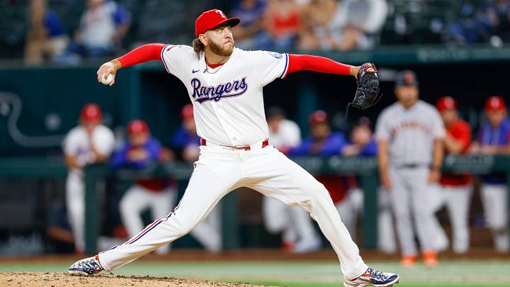 Aug 3, 2026; Arlington, Texas, USA; Texas Rangers pitcher Nolan Kingham (58) pitches during the ninth inning against the San Francisco Giants at Globe Life Field. Mandatory Credit: Andrew Dieb-Imagn Images Aug 3, 2026; Arlington, Texas, USA; Texas Rangers pitcher Nolan Kingham (58) pitches during the ninth inning against the San Francisco Giants at Globe Life Field. Mandatory Credit: Andrew Dieb-Imagn Images