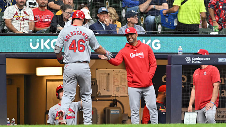 Sep 3, 2024; Milwaukee, Wisconsin, USA; St. Louis Cardinals first base Paul Goldschmidt (46) is congraulated by St. Louis Cardinals manager Oliver Marmol (37) after hitting a home run against the Milwaukee Brewers in the fourth inning at American Family Field. Mandatory Credit: Michael McLoone-Imagn Images Sep 3, 2024; Milwaukee, Wisconsin, USA; St. Louis Cardinals first base Paul Goldschmidt (46) is congraulated by St. Louis Cardinals manager Oliver Marmol (37) after hitting a home run against the Milwaukee Brewers in the fourth inning at American Family Field. Mandatory Credit: Michael McLoone-Imagn Images