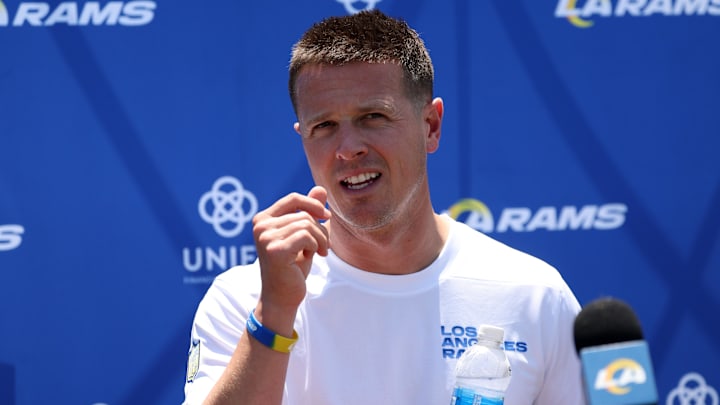 Jul 31, 2024; Los Angeles, CA, USA; Los Angeles Rams offensive coordinator Mike LaFleur speaks to the media after training camp at Loyola Marymount University. Mandatory Credit: Kiyoshi Mio-Imagn Images Jul 31, 2024; Los Angeles, CA, USA; Los Angeles Rams offensive coordinator Mike LaFleur speaks to the media after training camp at Loyola Marymount University. Mandatory Credit: Kiyoshi Mio-Imagn Images