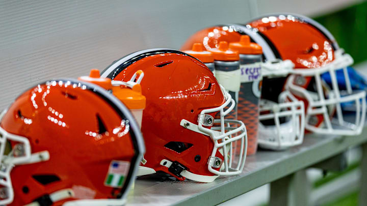 Nov 17, 2024; New Orleans, Louisiana, USA;  Detailed view of the Cleveland Browns helmets on a time out against the New Orleans Saints during the first half at Caesars Superdome. Mandatory Credit: Stephen Lew-Imagn Images