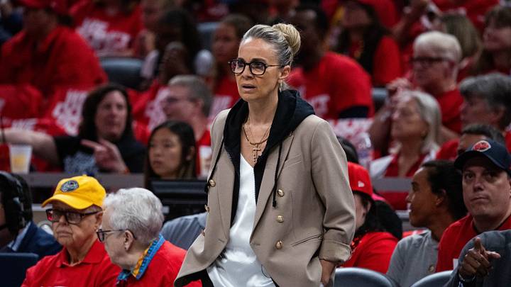 Sep 29, 2026; Indianapolis, Indiana, USA;  Las Vegas Aces head coach Becky Hammon during game two of the first round for the 2026 WNBA Playoffs against the Indiana Fever at Gainbridge Fieldhouse.  Mandatory Credit: Trevor Ruszkowski-Imagn Images