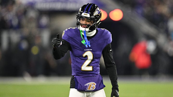 Jan 11, 2025; Baltimore, Maryland, USA; Baltimore Ravens cornerback Nate Wiggins (2) reacts in the first quarter against the Pittsburgh Steelers in an AFC wild card game at M&T Bank Stadium. Mandatory Credit: Tommy Gilligan-Imagn Images