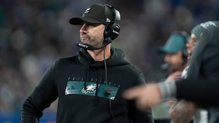 Philadelphia Eagles head coach Nick Sirianni coaches from the sidelines during a Thursday Night Football game between the New York Giants and the Philadelphia Eagles at MetLife Stadium in East Rutherford on Oct. 9, 2025.