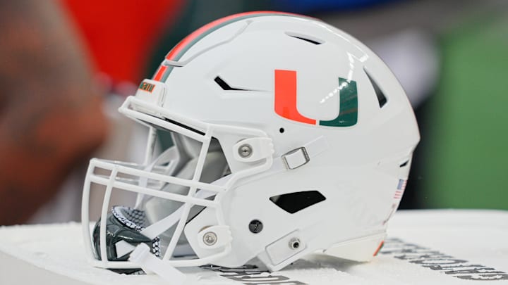 Miami Hurricanes helmet sits on a cooler in the second half against the Temple Owls at Lincoln Financial Field. Mandatory Credit: 