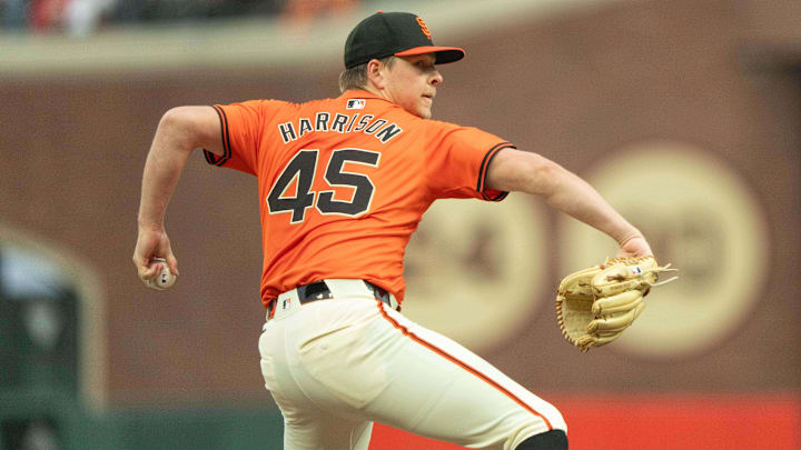 Jul 26, 2024; San Francisco, California, USA;  San Francisco Giants pitcher Kyle Harrison (45) pitches during the first inning against the Colorado Rockies at Oracle Park. 