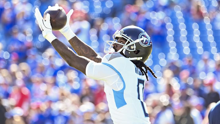 Oct 20, 2024; Orchard Park, New York, USA; Tennessee Titans wide receiver Calvin Ridley (0) warms up before a game against the Buffalo Bills at Highmark Stadium.
