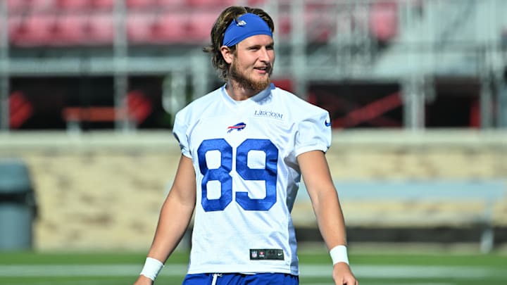 Jul 23, 2025; Rochester, NY, USA; Buffalo Bills wide receiver Stephen Gosnell (89) enters the field during training camp at St. John Fisher University. Mandatory Credit: Mark Konezny-Imagn Images Jul 23, 2025; Rochester, NY, USA; Buffalo Bills wide receiver Stephen Gosnell (89) enters the field during training camp at St. John Fisher University. Mandatory Credit: Mark Konezny-Imagn Images