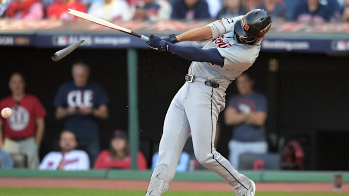Oct 5, 2024; Cleveland, Ohio, USA; Detroit Tigers outfielder Riley Greene (31) breaks his bat as he grounds out against the Cleveland Guardians in the ninth inning in game one of the ALDS for the 2024 MLB Playoffs at Progressive Field. 