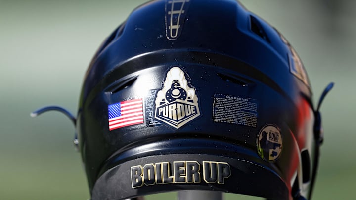 A detail view of a Purdue Boilermakers helmet 