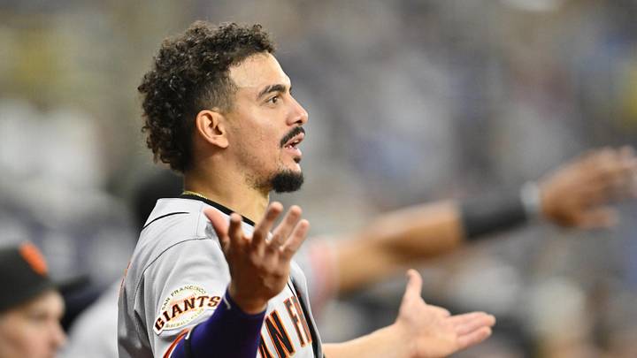 May 2, 2026; St. Petersburg, Florida, USA; San Francisco Giants second baseman Willy Adames (2) reacts to the umpire during the second inning against Tampa Bay Rays at Tropicana Field. Mandatory Credit: Pablo Robles-Imagn Images