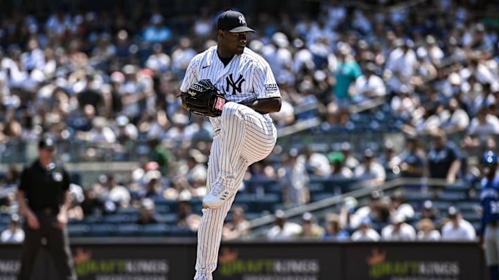 Jul 23, 2023; Bronx, New York, USA; New York Yankees starting pitcher Luis Severino (40) pitches against the Kansas City Royals during the first inning at Yankee Stadium.