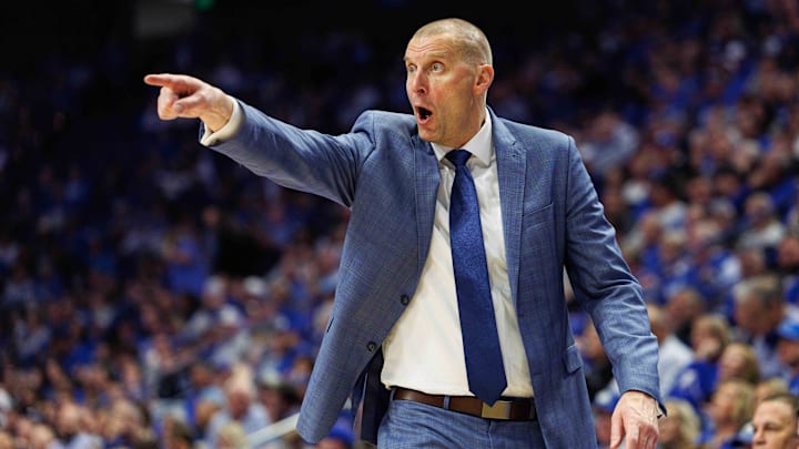 Nov 19, 2024; Lexington, Kentucky, USA; Kentucky Wildcats head coach Mark Pope yells to his players during the second half against the Lipscomb Bisons at Rupp Arena at Central Bank Center. Mandatory Credit: Jordan Prather-Imagn Images