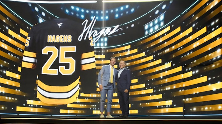 Jun 27, 2025; Los Angeles, California, USA; James Hagens is selected as the seventh overall pick to the Boston Bruins in the first round of the 2025 NHL Draft at Peacock Theater. Mandatory Credit: Kirby Lee-Imagn Images