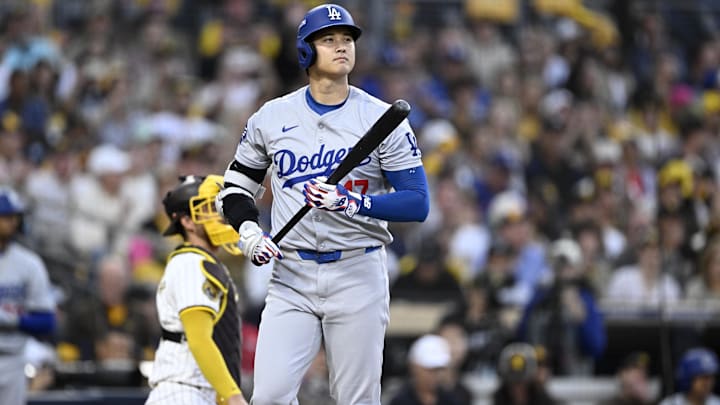 Oct 8, 2024; San Diego, California, USA; Los Angeles Dodgers designated hitter Shohei Ohtani (17) during an at bat in the first inning during game three of the NLDS for the 2024 MLB Playoffs against the San Diego Padres at Petco Park.  Mandatory Credit: Denis Poroy-Imagn Images