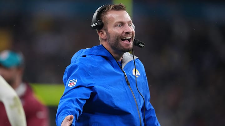 Oct 19, 2025; London, United Kingdom; Los Angeles Rams head coach Sean McVay reacts after a play against the Jacksonville Jaguars during the second half of an NFL International Series game at Wembley Stadium. Mandatory Credit: Kirby Lee-Imagn Images Oct 19, 2025; London, United Kingdom; Los Angeles Rams head coach Sean McVay reacts after a play against the Jacksonville Jaguars during the second half of an NFL International Series game at Wembley Stadium. Mandatory Credit: Kirby Lee-Imagn Images