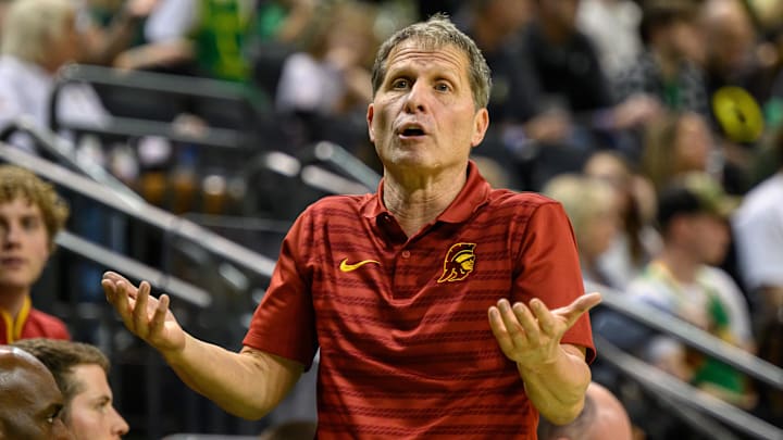 Mar 1, 2025; Eugene, Oregon, USA; USC Trojans head coach Eric Musselman reacts to the action in the second half against the Oregon Ducks at Matthew Knight Arena. Mandatory Credit: Craig Strobeck-Imagn Images
