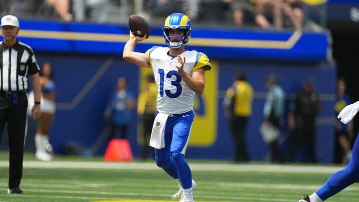 Aug 22, 2026; Inglewood, California, USA; Los Angeles Rams quarterback Stetson Bennett IV (13) throws the ball against the New Orleans Saints in the first half at SoFi Stadium. Mandatory Credit: Kirby Lee-Imagn Images