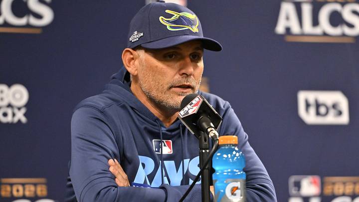 Oct 13, 2026; St. Petersburg, Florida, USA;  Tampa Bay Rays manager Kevin Cash (16) speaks to the media before game two of the ALCS against the Cleveland Guardians in the 2026 MLB Playoffs at Tropicana Field.  Mandatory Credit: Pablo Robles-Imagn Images