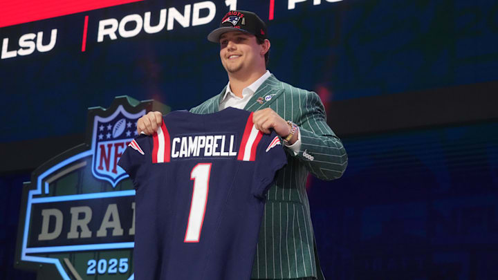 Apr 24, 2025; Green Bay, WI, USA; LSU Tigers offensive lineman Will Campbell is selected by the New England Patriots as the number four pick in the first round of the 2025 NFL Draft at Lambeau Field. Mandatory Credit: Kirby Lee-Imagn Images
