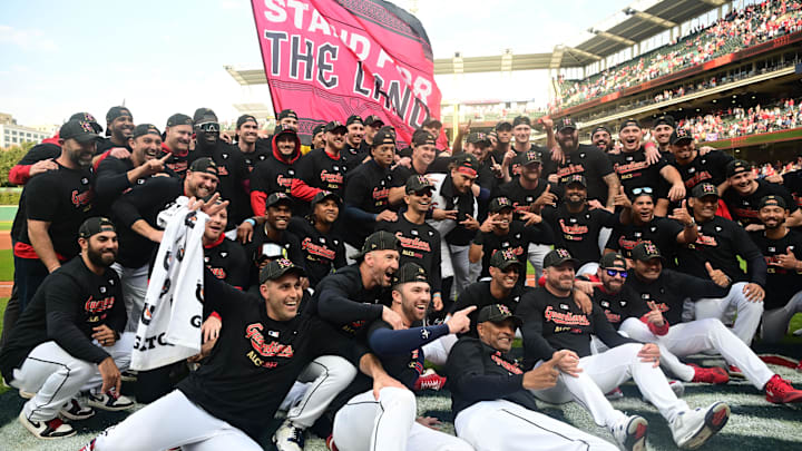 Oct 12, 2024; Cleveland, Ohio, USA; The Cleveland Guardians celebrate defeating the Detroit Tigers during game five of the ALDS for the 2024 MLB Playoffs at Progressive Field. Mandatory Credit: Ken Blaze-Imagn Images
