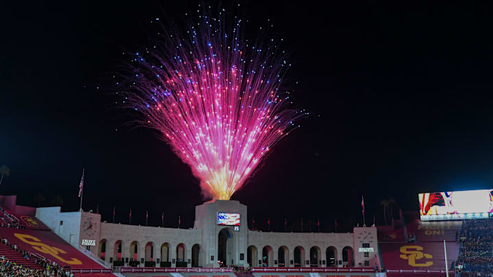 Sep 7, 2024; Los Angeles, California, USA; Pre-show performance before the USC Trojans vs Utah State Aggies game at United Airlines Field at Los Angeles Memorial Coliseum.