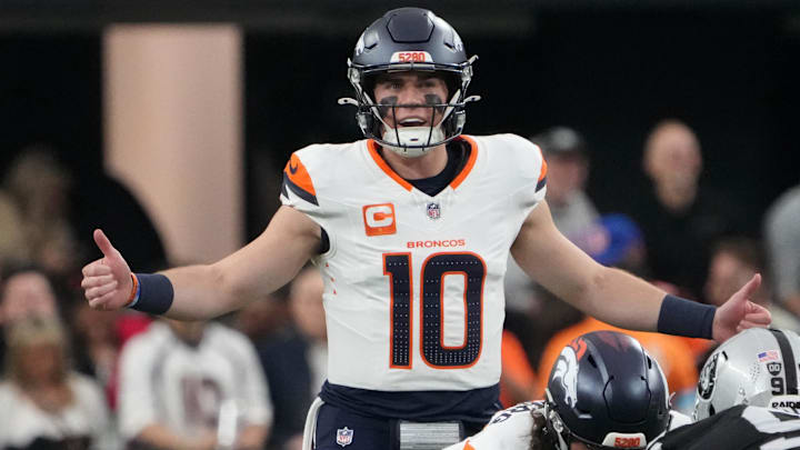 Nov 24, 2024; Paradise, Nevada, USA; Denver Broncos quarterback Bo Nix (10) gestures in the first half against the Las Vegas Raiders at Allegiant Stadium. 