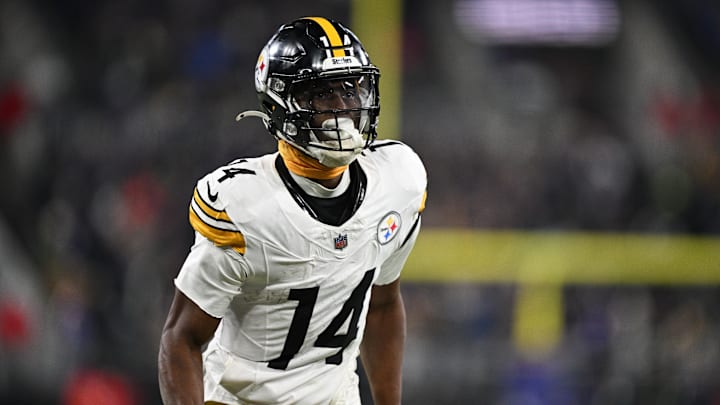 Jan 11, 2025; Baltimore, Maryland, USA; Pittsburgh Steelers wide receiver George Pickens (14) looks on in the third quarter against the Baltimore Ravens in an AFC wild card game at M&T Bank Stadium. Mandatory Credit: Tommy Gilligan-Imagn Images