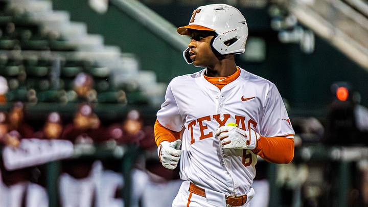 Texas freshman Anthony Pack Jr. walks to first base against the Mississippi State Bulldogs on May 1, 2026, at UFCU Disch-Falk Field in Austin, Texas. Texas freshman Anthony Pack Jr. walks to first base against the Mississippi State Bulldogs on May 1, 2026, at UFCU Disch-Falk Field in Austin, Texas.
