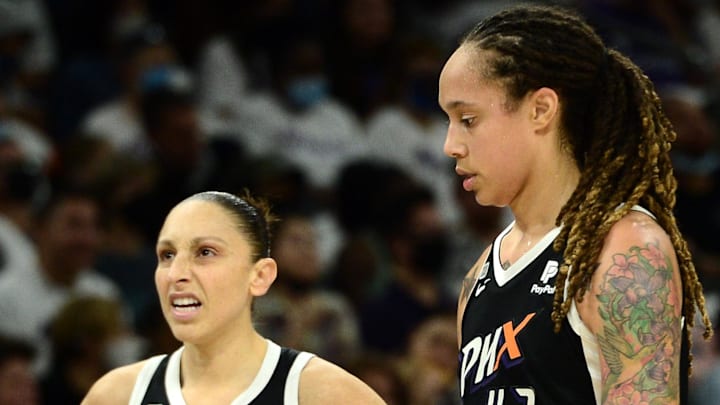 Oct 10, 2021; Phoenix, Arizona, USA; Phoenix Mercury guard Diana Taurasi (3) and Phoenix Mercury center Brittney Griner (42) look on against the Chicago Sky during the second half of game one of the 2021 WNBA Finals at Footprint Center. Mandatory Credit: Joe Camporeale-Imagn Images Oct 10, 2021; Phoenix, Arizona, USA; Phoenix Mercury guard Diana Taurasi (3) and Phoenix Mercury center Brittney Griner (42) look on against the Chicago Sky during the second half of game one of the 2021 WNBA Finals at Footprint Center. Mandatory Credit: Joe Camporeale-Imagn Images