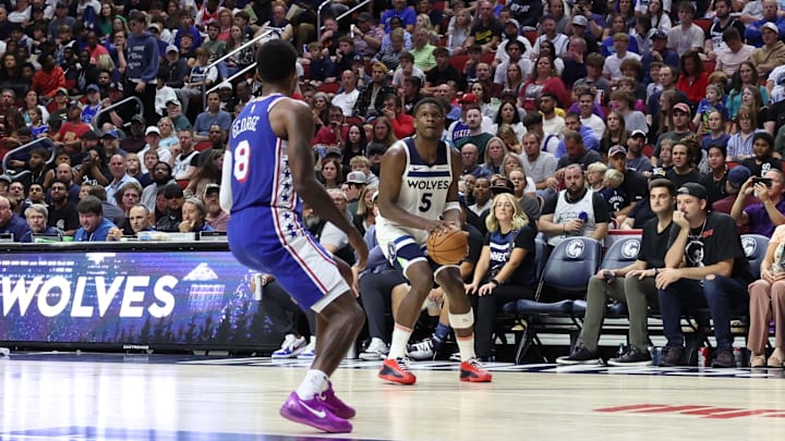 Oct 11, 2024; Des Moines, Iowa, USA; Minnesota Timberwolves guard Anthony Edwards (5) looks to shoot against the Philadelphia 76ers at Wells Fargo Arena. The Timberwolves beat the 76ers 121 to 111.  Mandatory Credit: Reese Strickland-Imagn Images