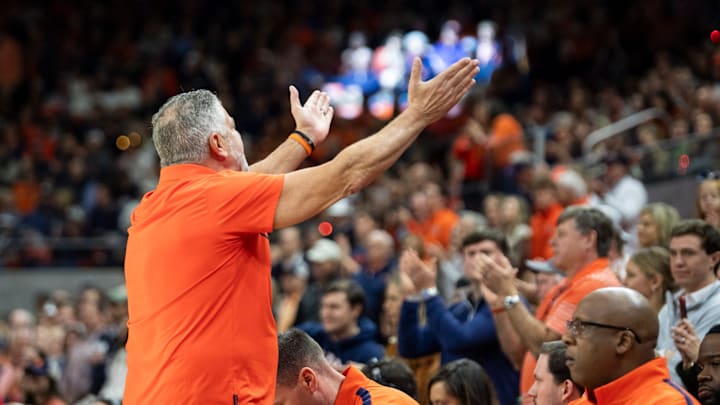 Auburn Tigers head coach Bruce Pearl plays to the crowd at sold out Neville Arena vs. the Georgia Bulldogs.