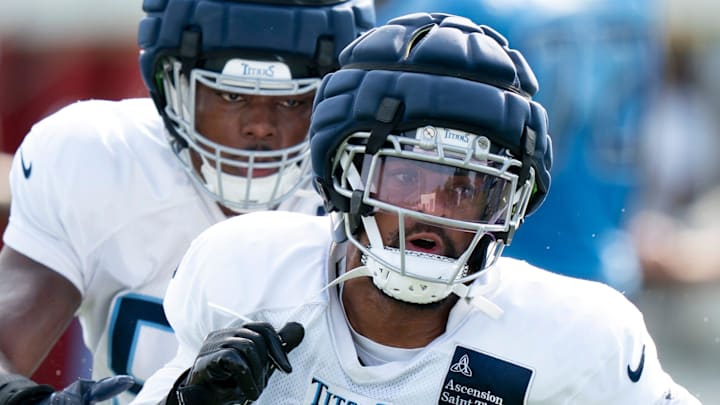 Tennessee Titans outside linebacker Dre'Mont Jones (45) goes through drills during training camp at Ascension Saint Thomas Sports Park in Nashville, Tenn., Tuesday, July 29, 2025.