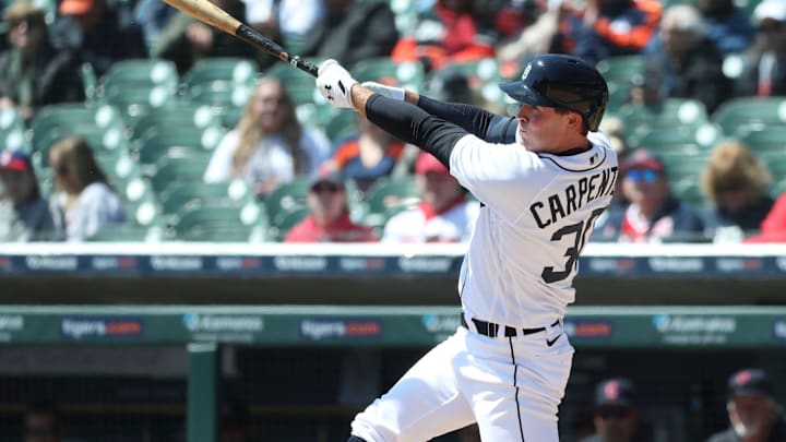 Detroit Tigers left fielder Kerry Carpenter (30) bats against the Cleveland Guardians.