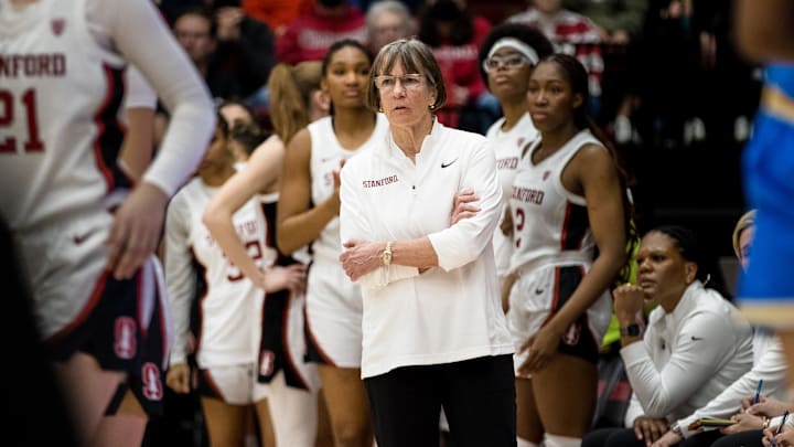 Feb 20, 2023; Stanford, California, USA;  Stanford Cardinal head coach Tara VanDerveer watches during the second half of the game against the UCLA Bruins at Maples Pavilion. Mandatory Credit: John Hefti-Imagn Images