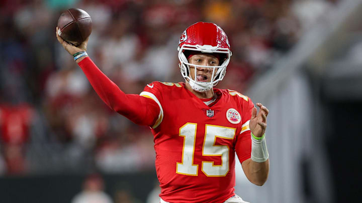 Oct 2, 2022; Tampa, Florida, USA; Kansas City Chiefs quarterback Patrick Mahomes (15) drops back to pass against the Tampa Bay Buccaneers in the third quarter at Raymond James Stadium. Mandatory Credit: Nathan Ray Seebeck-Imagn Images Oct 2, 2022; Tampa, Florida, USA; Kansas City Chiefs quarterback Patrick Mahomes (15) drops back to pass against the Tampa Bay Buccaneers in the third quarter at Raymond James Stadium. Mandatory Credit: Nathan Ray Seebeck-Imagn Images