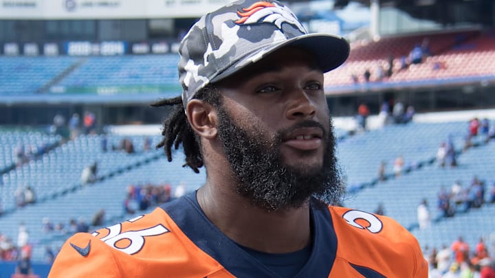 Aug 20, 2022; Orchard Park, New York, USA; Denver Broncos linebacker Baron Browning (56) leaves the field after a pre-season game against the Buffalo Bills at Highmark Stadium. Mandatory Credit: Mark Konezny-Imagn Images