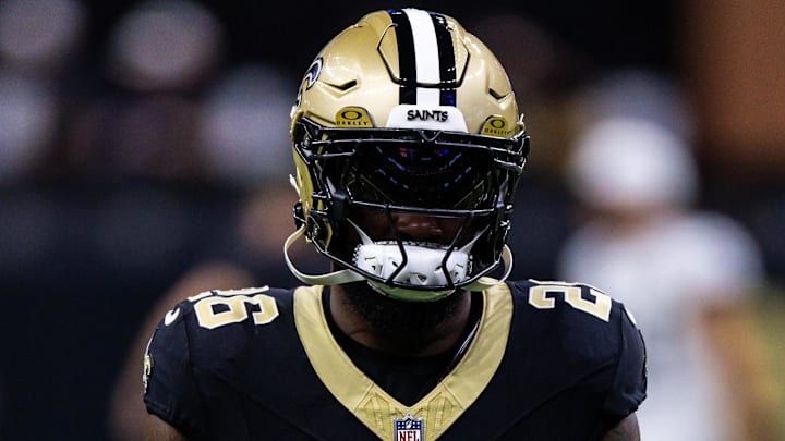 Aug 17, 2025; New Orleans, Louisiana, USA;  New Orleans Saints running back Cam Akers (26) during the warmups at Caesars Superdome. Mandatory Credit: Stephen Lew-Imagn Images