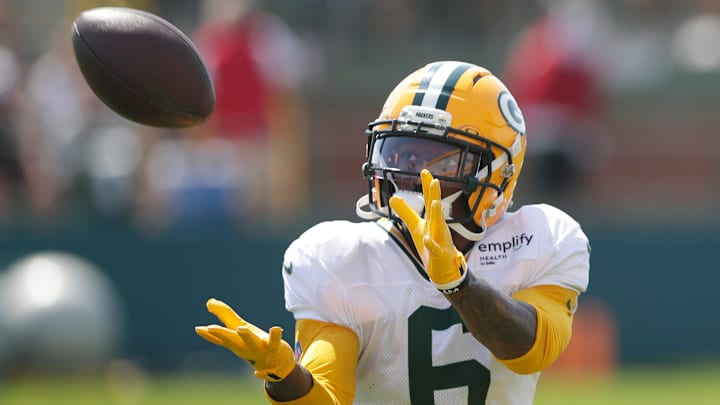 Green Bay Packers wide receiver Mecole Hardman (6) participates in drills during fifth day of training camp on July 28, 2025, at Ray Nitschke Field in Ashwaubenon, Wis.