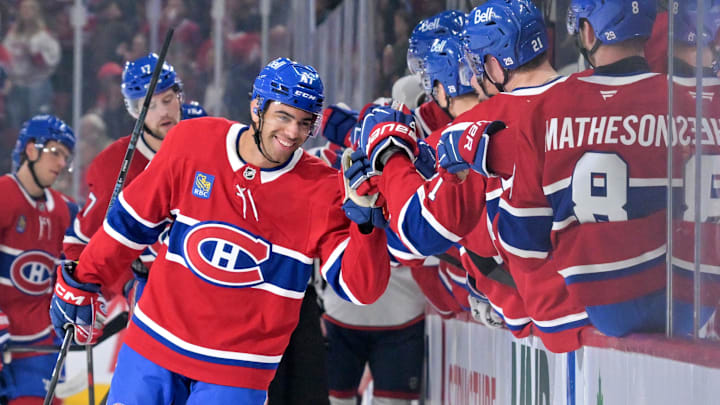 Mar 26, 2026; Montreal, Quebec, CAN; Montreal Canadiens defenseman Jayden Struble (47) celebrates with teammates after scoring a goal against the Columbus Blue Jackets during the first period at the Bell Centre. Mandatory Credit: Eric Bolte-Imagn Images Mar 26, 2026; Montreal, Quebec, CAN; Montreal Canadiens defenseman Jayden Struble (47) celebrates with teammates after scoring a goal against the Columbus Blue Jackets during the first period at the Bell Centre. Mandatory Credit: Eric Bolte-Imagn Images