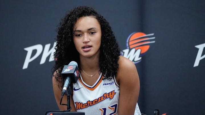 Celeste Taylor takes questions from reporters at Phoenix Mercury Media Day on April 30, 2025, in Phoenix.
