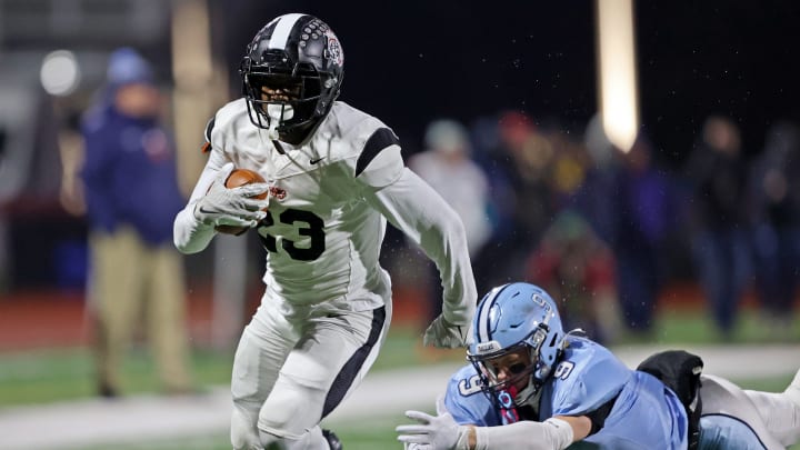 Aliquippa running back Tiqwai Hayes gets away from a Dallas defender during the 2023 PIAA Class 4A state championship game. Aliquippa won 60-14 and Hayes ran for 22 yards and three touchdowns. Aliquippa running back Tiqwai Hayes gets away from a Dallas defender during the 2023 PIAA Class 4A state championship game. Aliquippa won 60-14 and Hayes ran for 22 yards and three touchdowns.