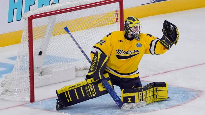Michigan goaltender Jack Ivankovic (72) makes a save against Denver during the second period of the Frozen Four semifinal at T-Mobile Arena in Las Vegas on Thursday, April 9, 2026 Michigan goaltender Jack Ivankovic (72) makes a save against Denver during the second period of the Frozen Four semifinal at T-Mobile Arena in Las Vegas on Thursday, April 9, 2026