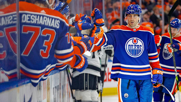 Feb 26, 2024; Edmonton, Alberta, CAN; The Edmonton Oilers celebrate a goal scored by defensemen Evan