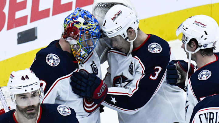 Jan 30, 2026; Chicago, Illinois, USA; Columbus Blue Jackets goaltender Elvis Merzlikins (90) celebrates with center Charlie Coyle (3) after a game against the Chicago Blackhawks at the United Center. Mandatory Credit: Matt Marton-Imagn Images Jan 30, 2026; Chicago, Illinois, USA; Columbus Blue Jackets goaltender Elvis Merzlikins (90) celebrates with center Charlie Coyle (3) after a game against the Chicago Blackhawks at the United Center. Mandatory Credit: Matt Marton-Imagn Images