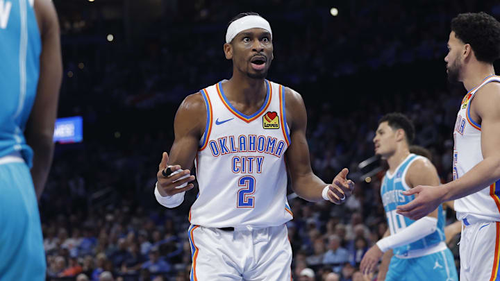 Jan 5, 2026; Oklahoma City, Oklahoma, USA; Oklahoma City Thunder guard Shai Gilgeous-Alexander (2) reacts after an official call following a play against the Charlotte Hornets during the second half at Paycom Center. Mandatory Credit: Alonzo Adams-Imagn Images