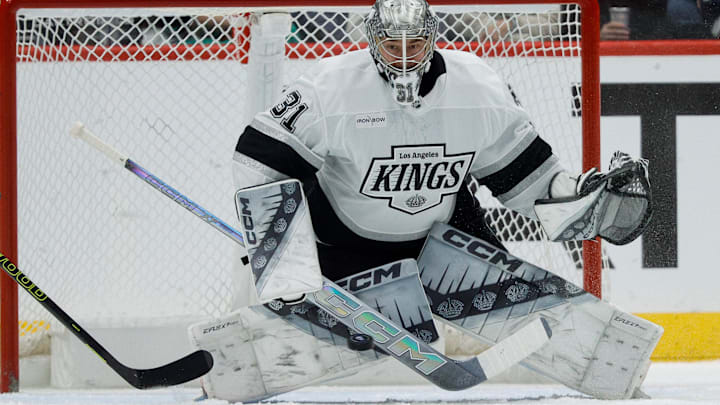 Mar 27, 2025; Denver, Colorado, USA; Los Angeles Kings goaltender David Rittich (31) watches the puck on a shot in the first period against the Colorado Avalanche at Ball Arena. Mandatory Credit: Isaiah J. Downing-Imagn Images