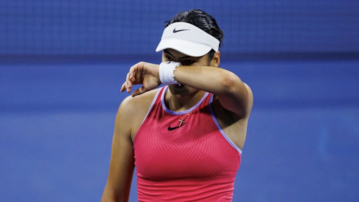 Aug 27, 2024; Flushing, NY, USA; Emma Raducanu of Great Britain in action against Sofia Kenin of the United States in the first round of the womenís singles in the US Open at the USTA Billie Jean King Tennis Center. Mandatory Credit: Mike Frey-Imagn Images