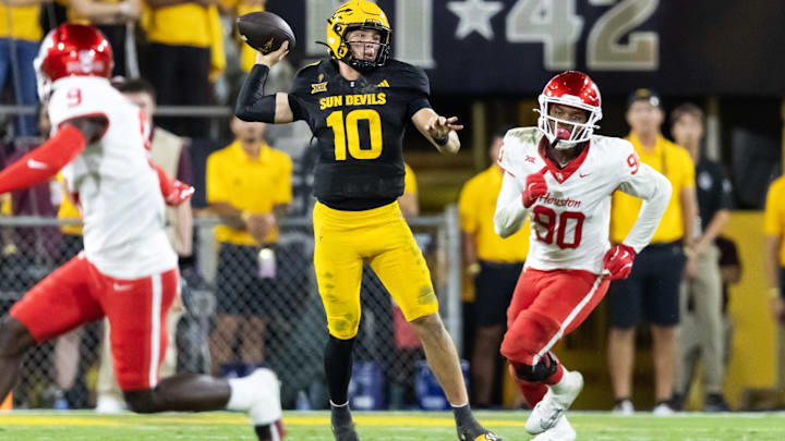Oct 25, 2025; Tempe, Arizona, USA; Arizona State Sun Devils quarterback Sam Leavitt (10) against the Houston Cougars in the first half at Mountain America Stadium. Mandatory Credit: Mark J. Rebilas-Imagn Images
