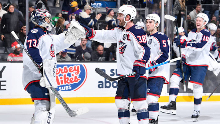 The Columbus Blue Jackets celebrate their win over the Los Angeles Kings on Monday night. The Columbus Blue Jackets celebrate their win over the Los Angeles Kings on Monday night.