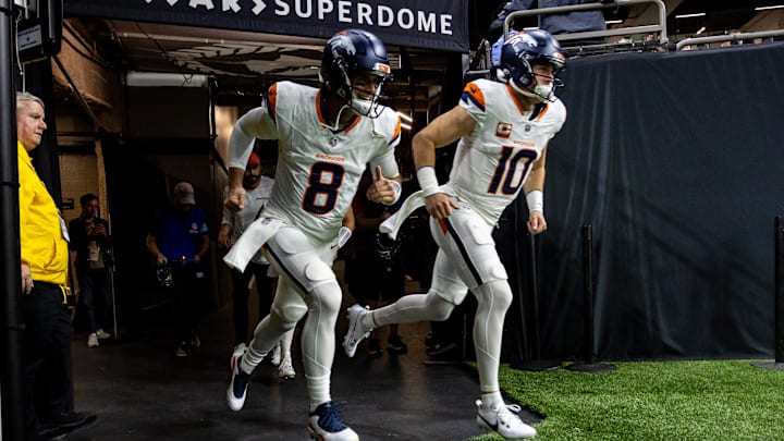 Oct 17, 2024; New Orleans, Louisiana, USA; Denver Broncos quarterback Jarrett Stidham (8) and quarterback Bo Nix (10) run out the tunnel during the warmups before the game against the New Orleans Saints at Caesars Superdome. Oct 17, 2024; New Orleans, Louisiana, USA; Denver Broncos quarterback Jarrett Stidham (8) and quarterback Bo Nix (10) run out the tunnel during the warmups before the game against the New Orleans Saints at Caesars Superdome.